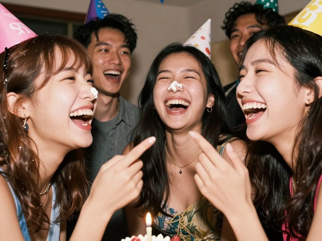 Friends laughing hysterically at a birthday party with cake