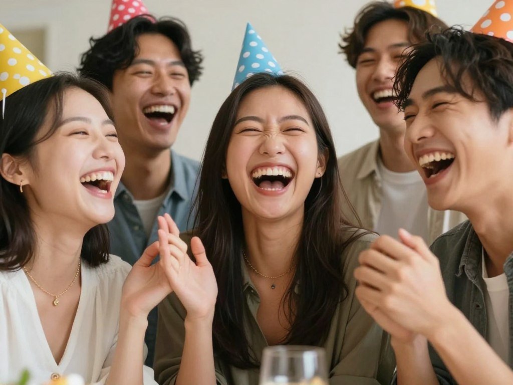 Friends laughing hysterically together, clearly sharing an inside joke