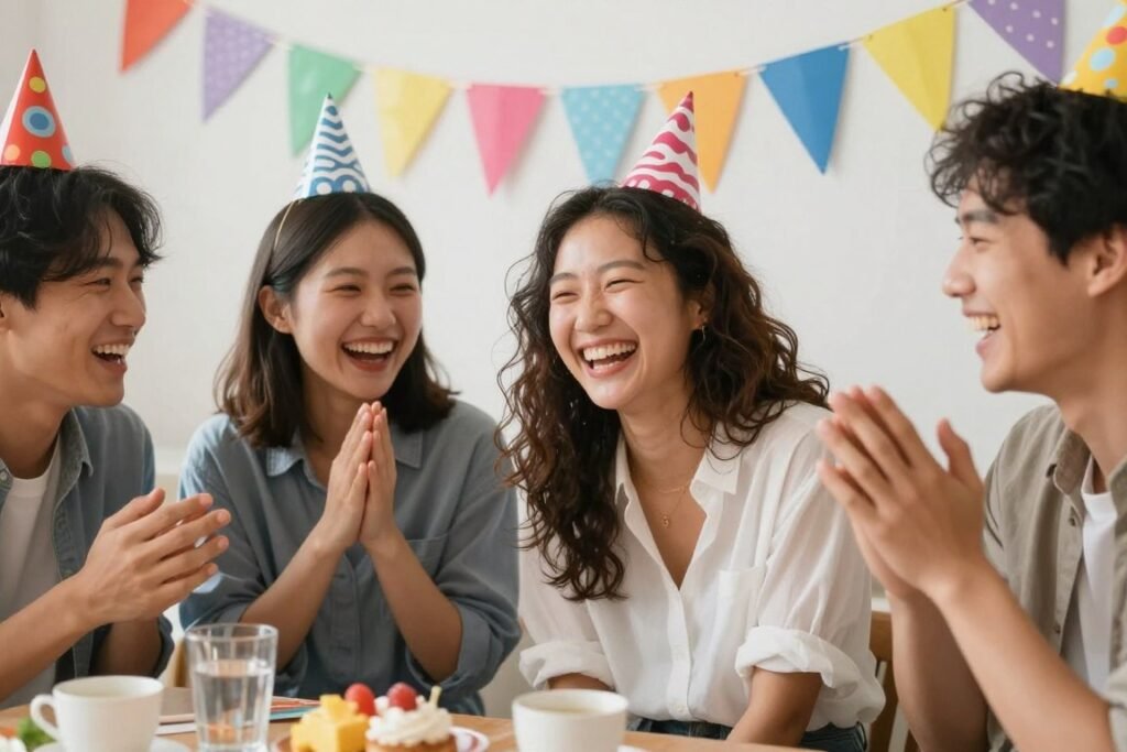 Friends laughing together at a birthday celebration, sharing funny happy birthday wishes Friends laughing together at a birthday celebration, sharing funny happy birthday wishes