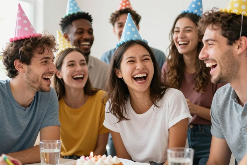 Friends laughing together at a birthday celebration with party hats