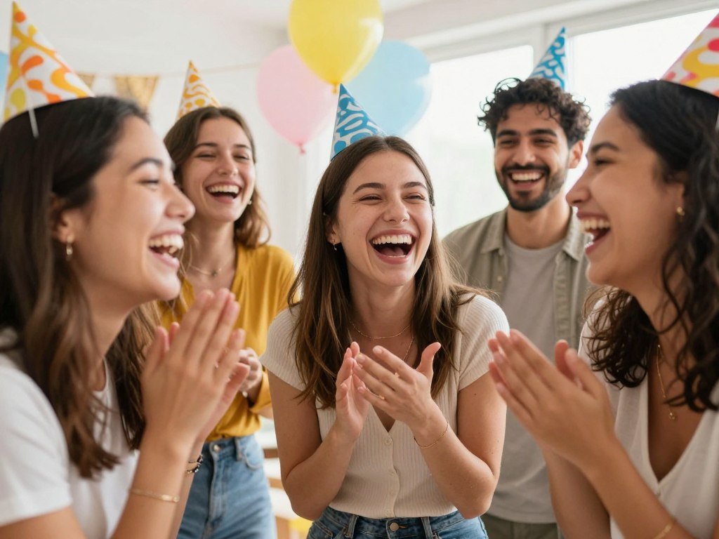 Friends laughing together at a birthday celebration