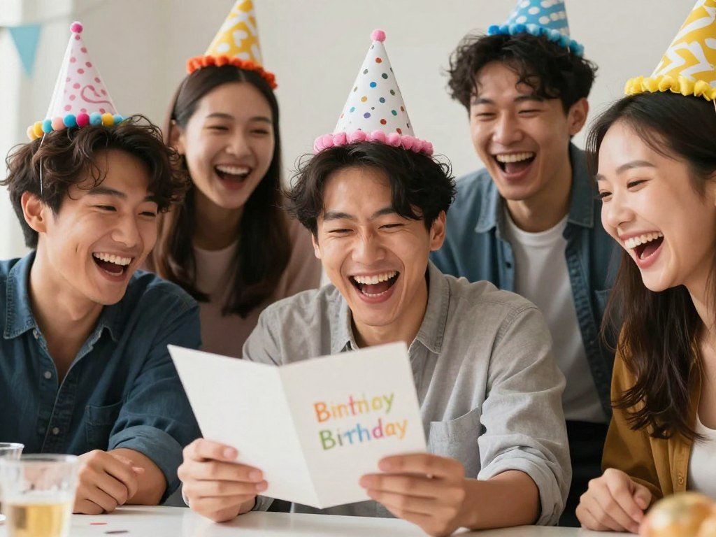 Friends laughing together at a birthday party with funny birthday messages Friends laughing together at a birthday party with funny birthday messages