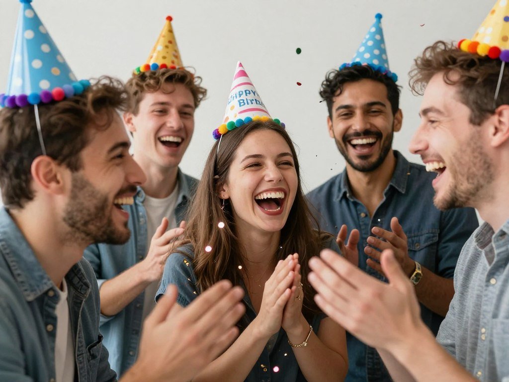 Friends laughing together at a birthday party with party hats and confetti