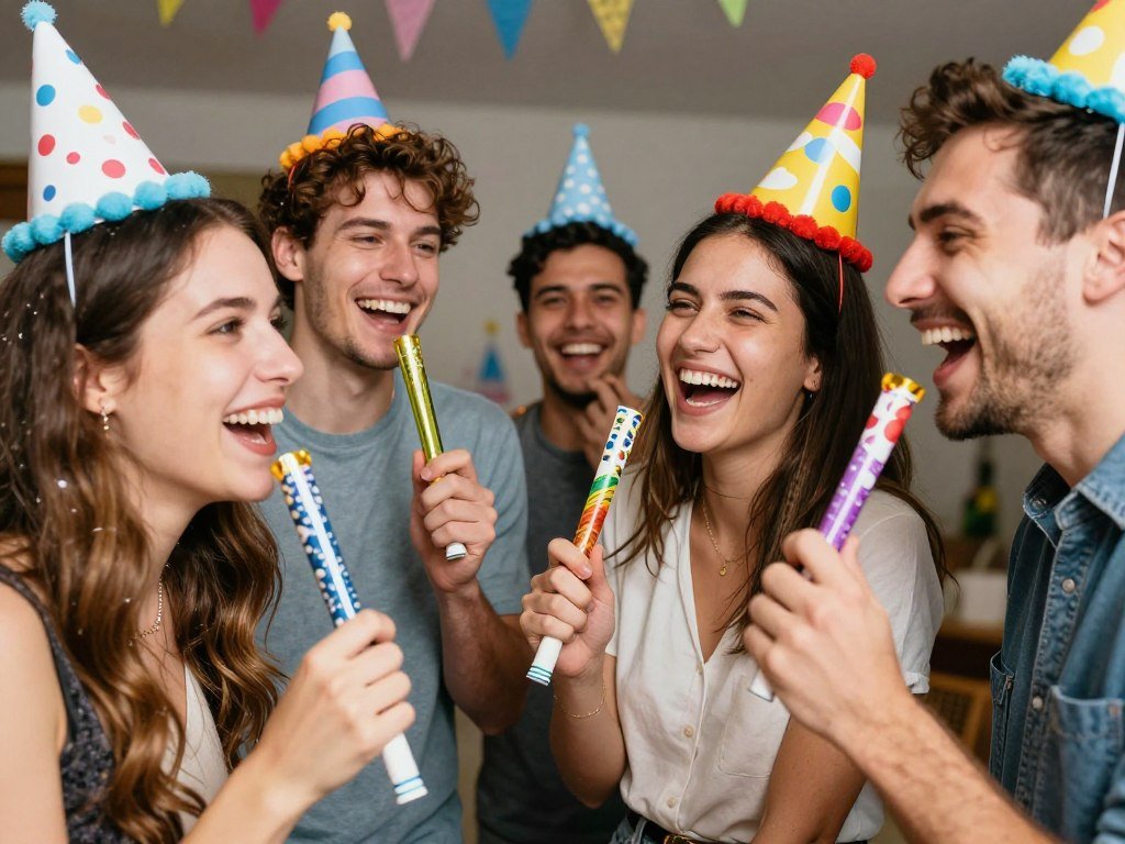 Friends laughing together at a birthday party with party hats and noisemakers