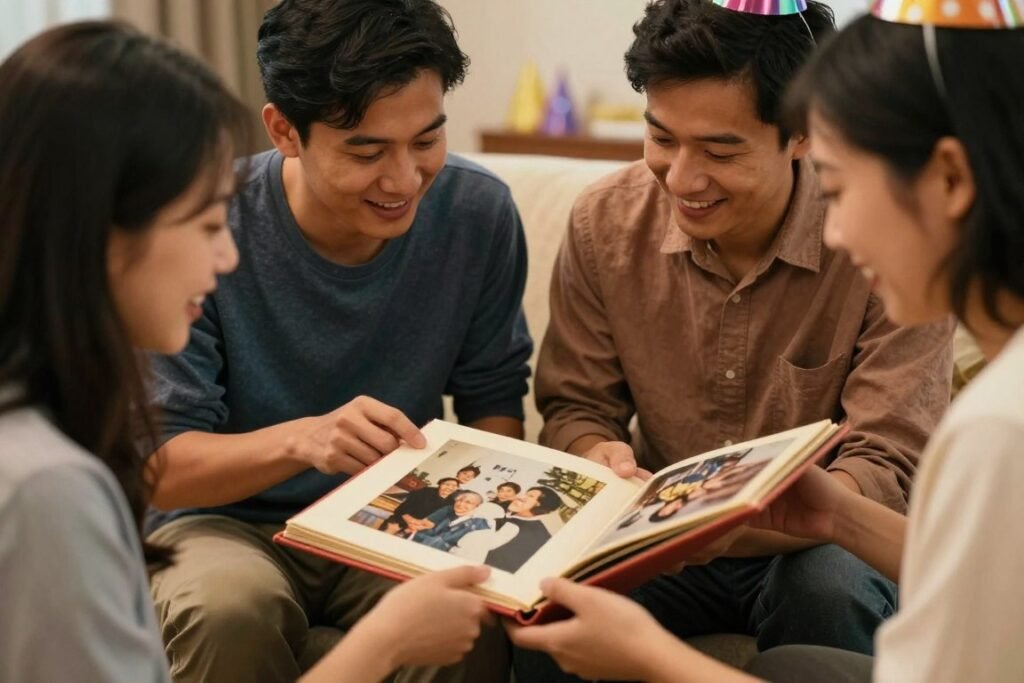Friends looking at old photographs together at a birthday gathering