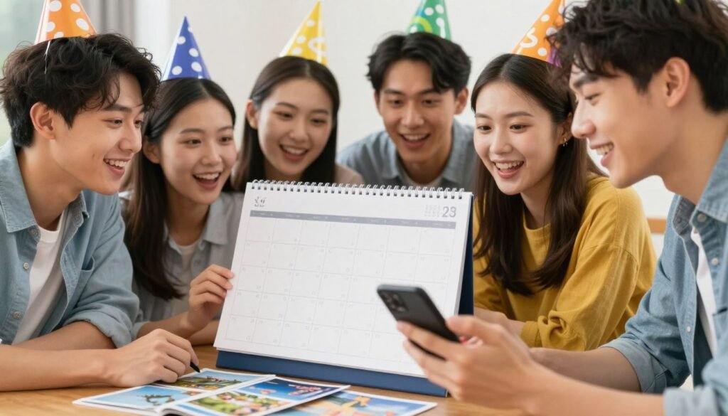 Friends making plans together, looking at a calendar or travel brochure