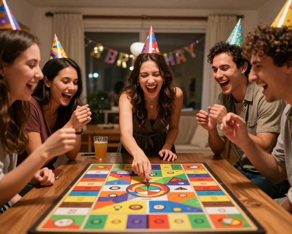 Friends playing a hilarious party game with laughter at a birthday celebration