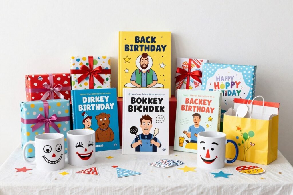 Funny birthday gifts arranged on a table with decorations