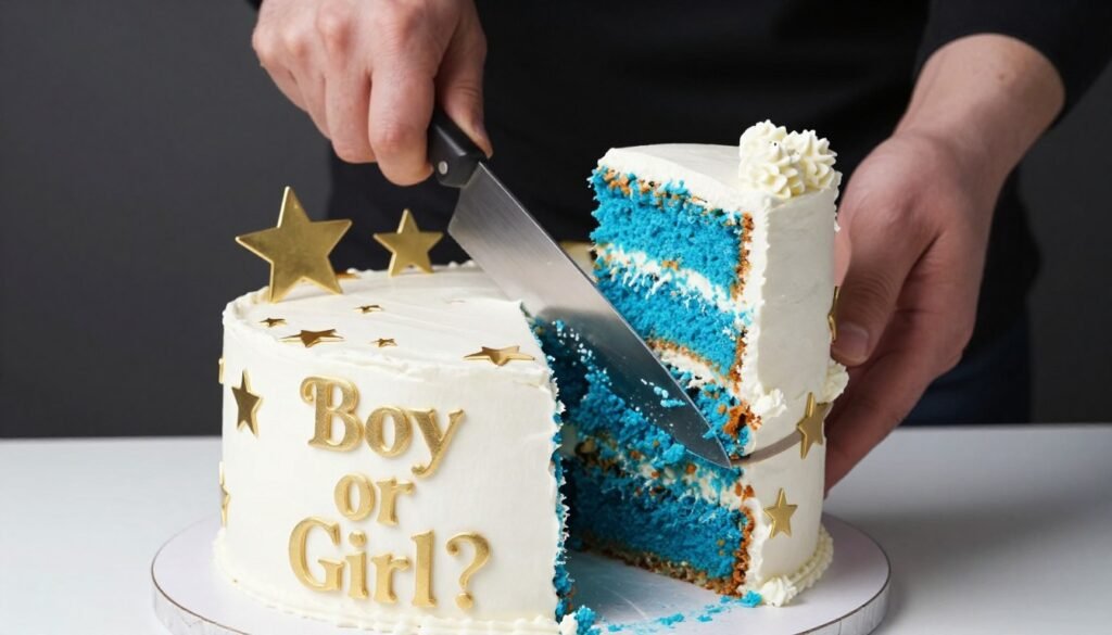 Gender reveal cake being cut to show blue interior for baby boy