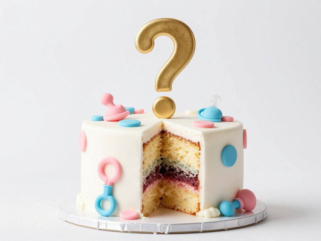 Gender reveal cake with question mark decoration and neutral exterior