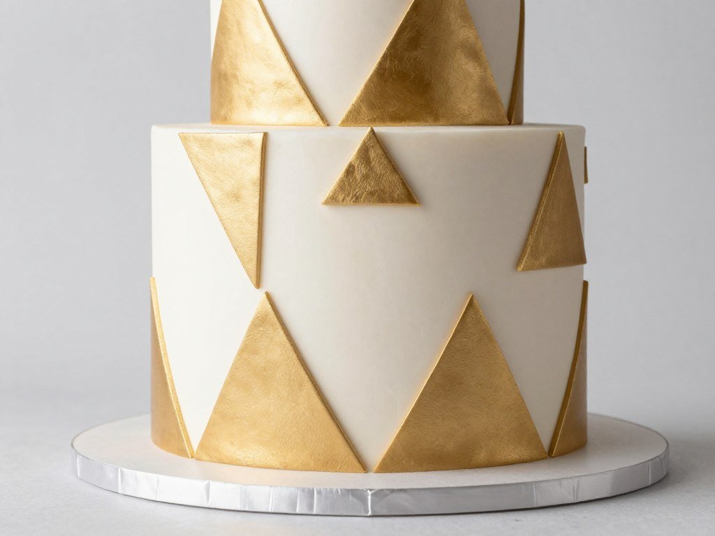 Geometric cake with gold triangles and marble effect fondant