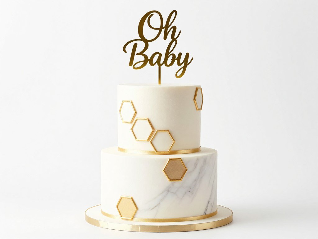 Geometric pattern baby shower cake with gold hexagons and marble effect