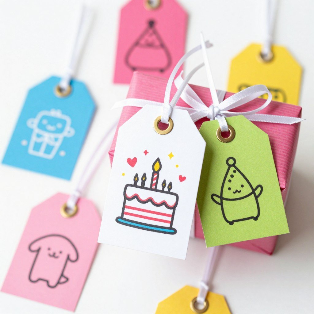 Gift tags with cute birthday drawings