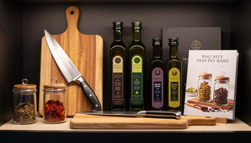 Gourmet cooking gifts arranged for a man's birthday, happy birthday male gift ideas
