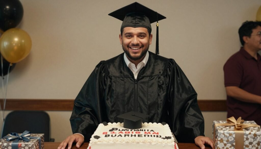 Graduate smiling next to their personalized graduation cake