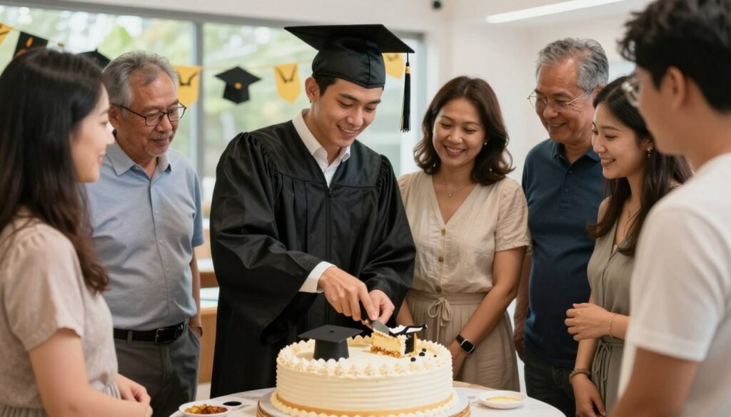 Graduation cake being served at celebration party