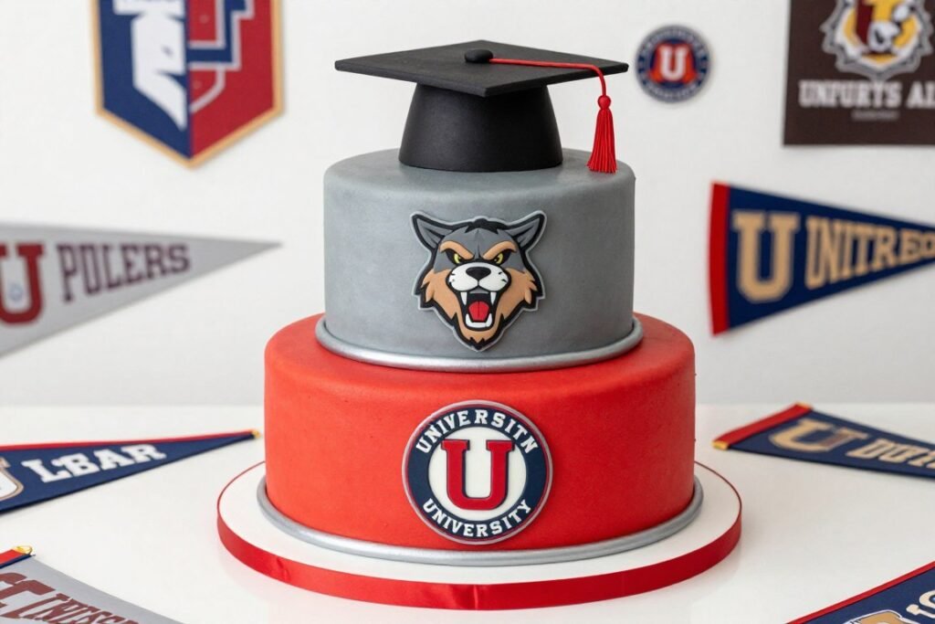 Graduation cake featuring university colors, logo, and mascot