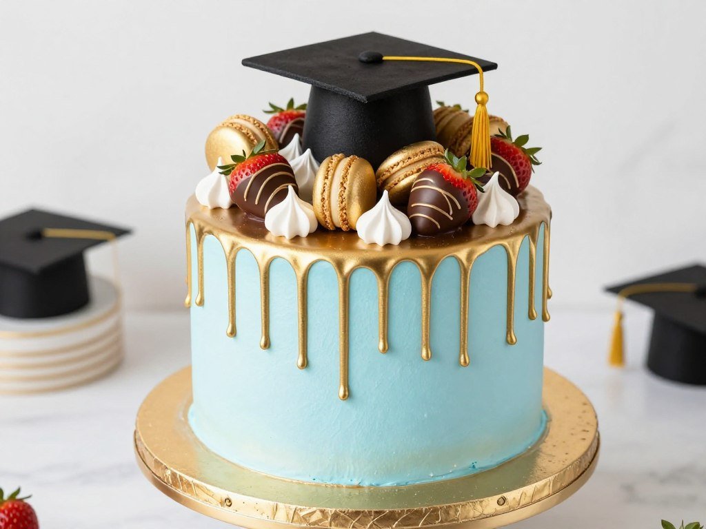Graduation drip cake with school colors and celebration toppers
