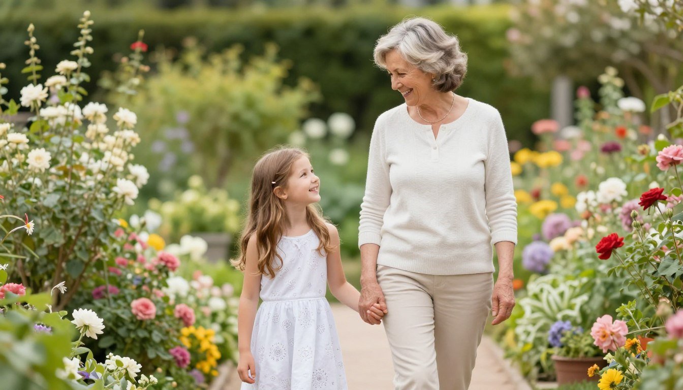 Grandmother and granddaughter walking hand in hand through a sunlit garden path with flowers blooming around them, showing their special bond on the granddaughter's happy birthday