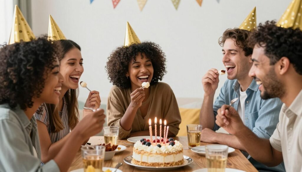 Group of friends celebrating a birthday with laughter and joy