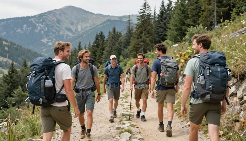 Group of men enjoying an outdoor adventure birthday celebration, happy birthday male celebration