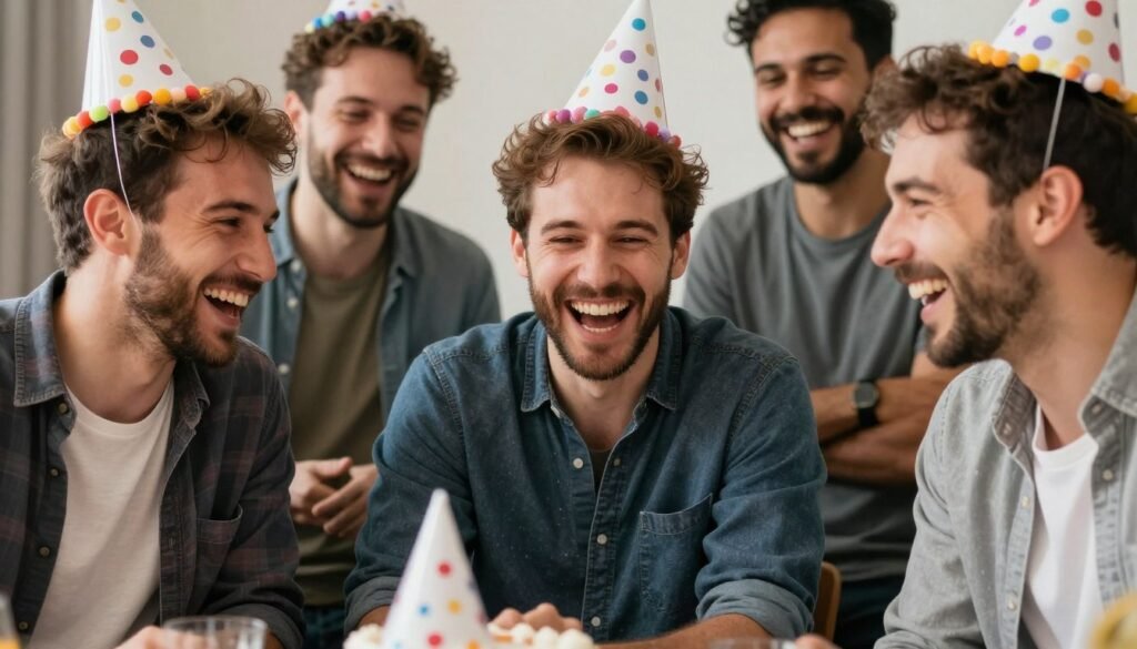 Group of men laughing together at a birthday celebration Group of men laughing together at a birthday celebration