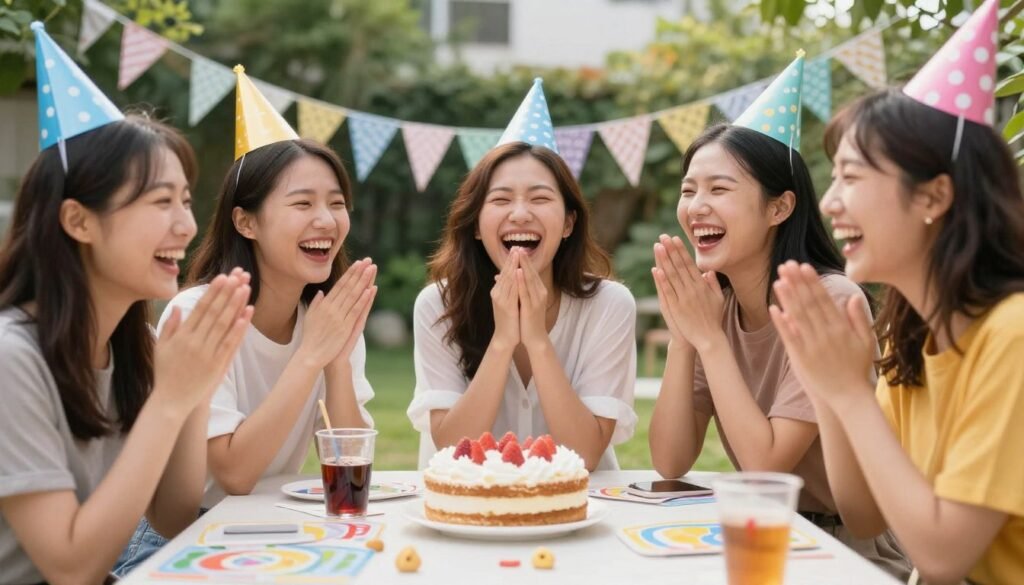 Group of women enjoying a funny birthday activity