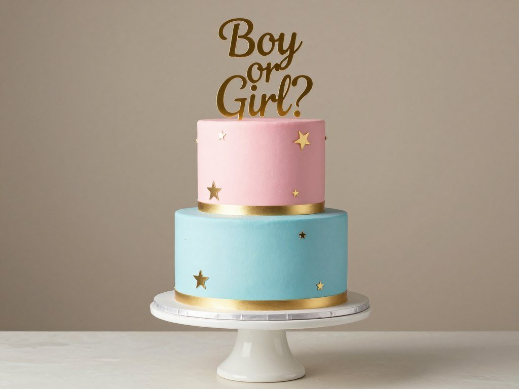 Half pink half blue gender reveal cake with gold accents