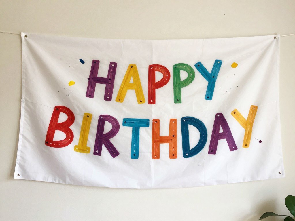 Hand-painted happy birthday banner on white fabric Hand-painted happy birthday banner on white fabric