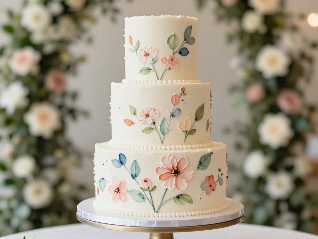 Hand-painted wedding cake with delicate floral design in watercolor style