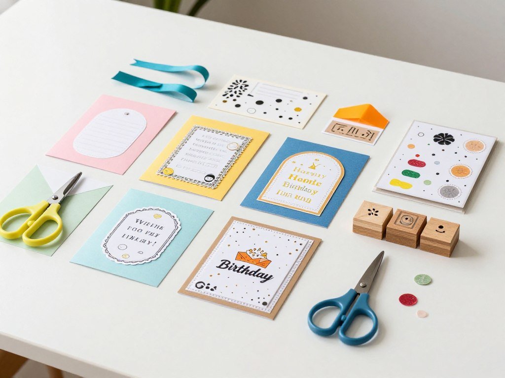 Handmade birthday card crafting supplies including colored paper, scissors, and decorative elements Handmade birthday card crafting supplies including colored paper, scissors, and decorative elements