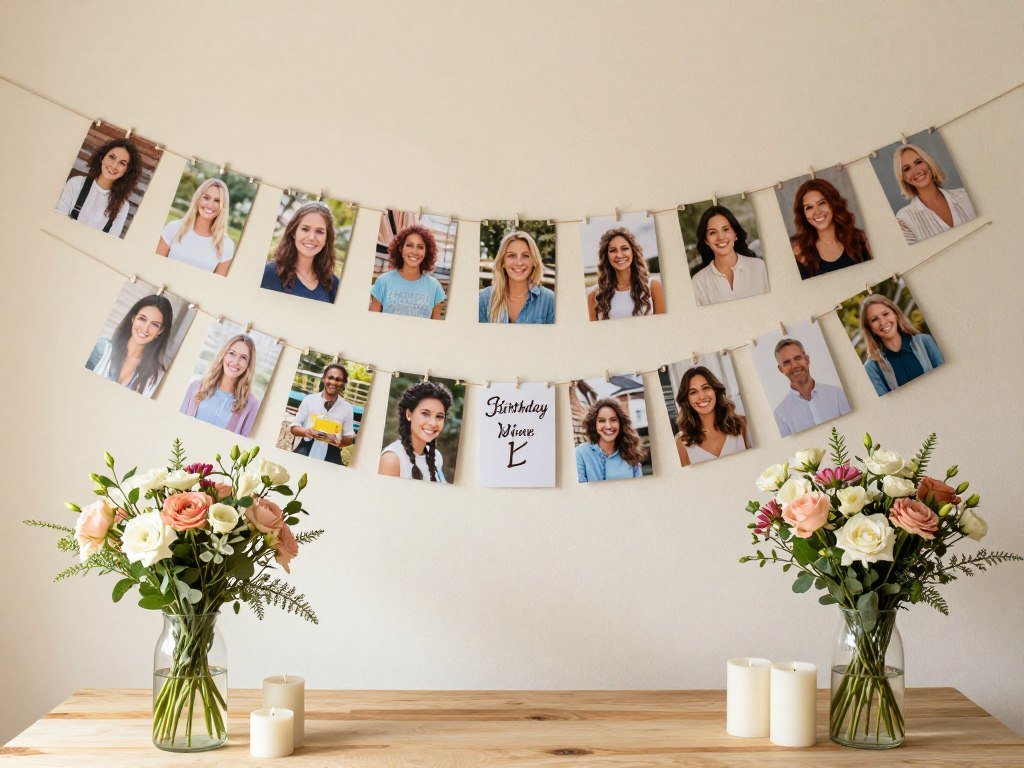 Handmade birthday decorations including a photo garland, floral arrangements, and personalized banner for mom's birthday Handmade birthday decorations including a photo garland, floral arrangements, and personalized banner for mom's birthday
