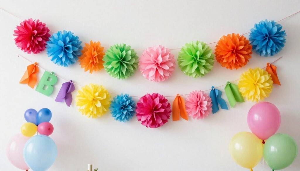 Handmade birthday decorations including paper garlands and balloon arrangements, no text overlay Handmade birthday decorations including paper garlands and balloon arrangements, no text overlay
