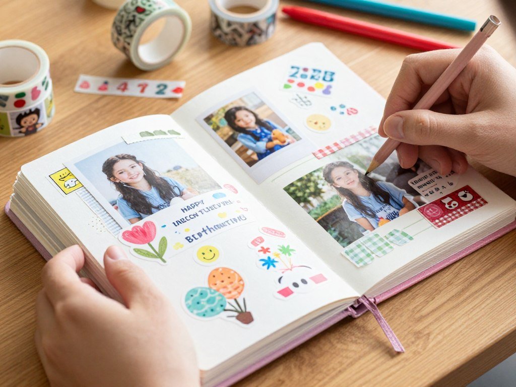 Hands creating a handmade birthday scrapbook with photos and decorative elements, no text overlay Hands creating a handmade birthday scrapbook with photos and decorative elements, no text overlay