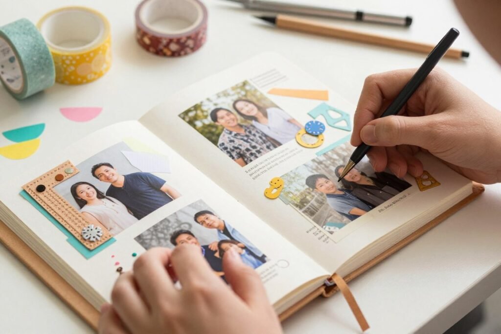 Hands working on a handmade scrapbook with family photos and 'Happy Birthday Mom' decorative elements Hands working on a handmade scrapbook with family photos and 'Happy Birthday Mom' decorative elements