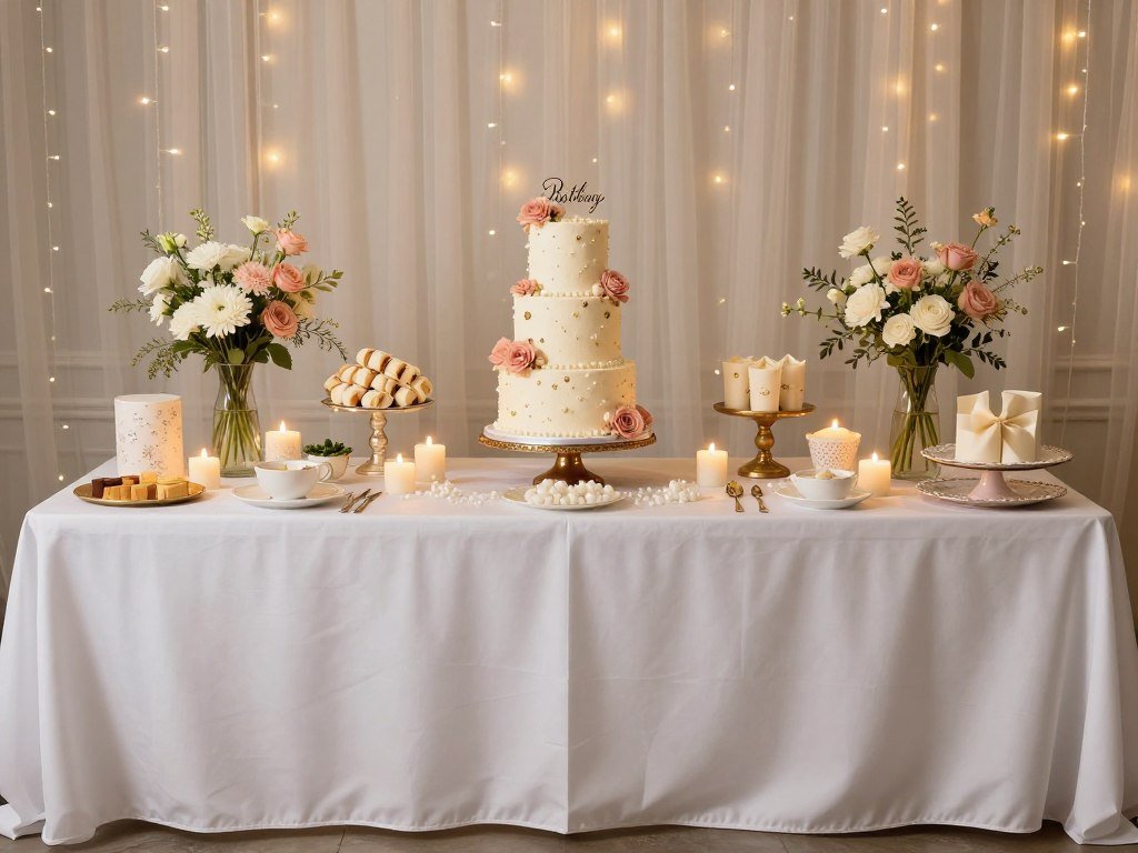 Happy birthday cake table display with decorative elements Happy birthday cake table display with decorative elements