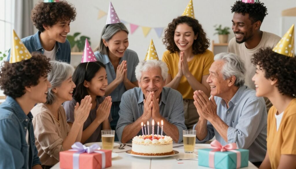 Happy birthday celebration with friends and family gathered together Happy birthday celebration with friends and family gathered together