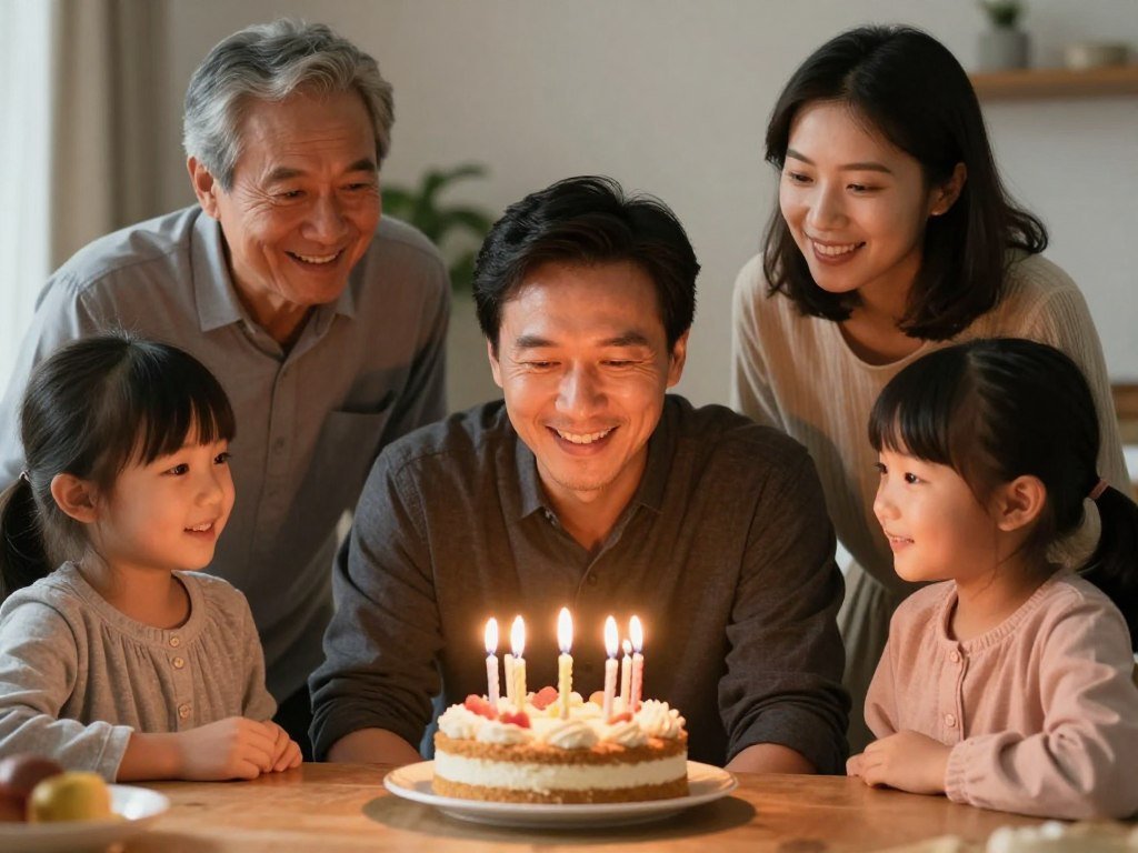 Happy birthday wishes for him - father celebrating birthday with family, smiling at cake