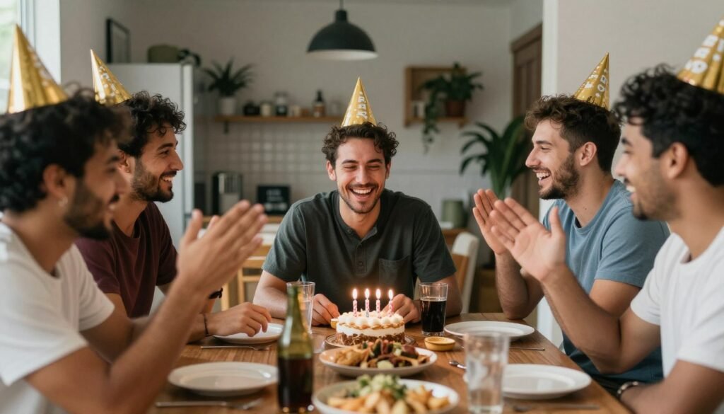 Happy birthday wishes for him - group of male friends celebrating birthday with casual gathering