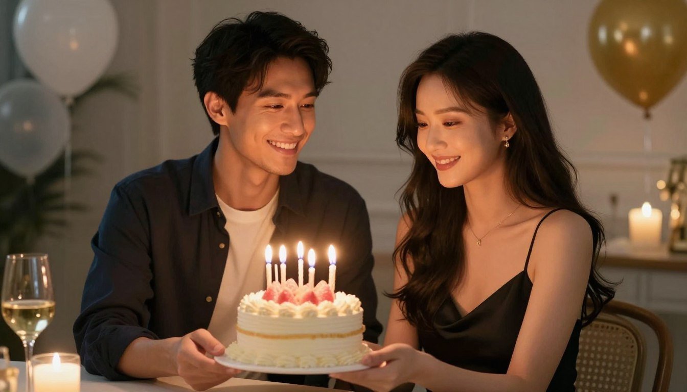 Happy birthday wishes for him - romantic couple celebrating husband's birthday with cake and candles