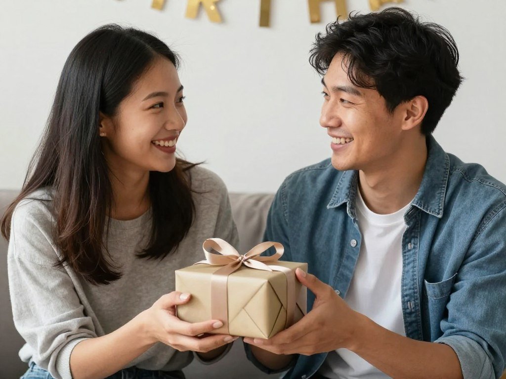 Happy birthday wishes for him - young couple celebrating boyfriend's birthday with gifts and affection