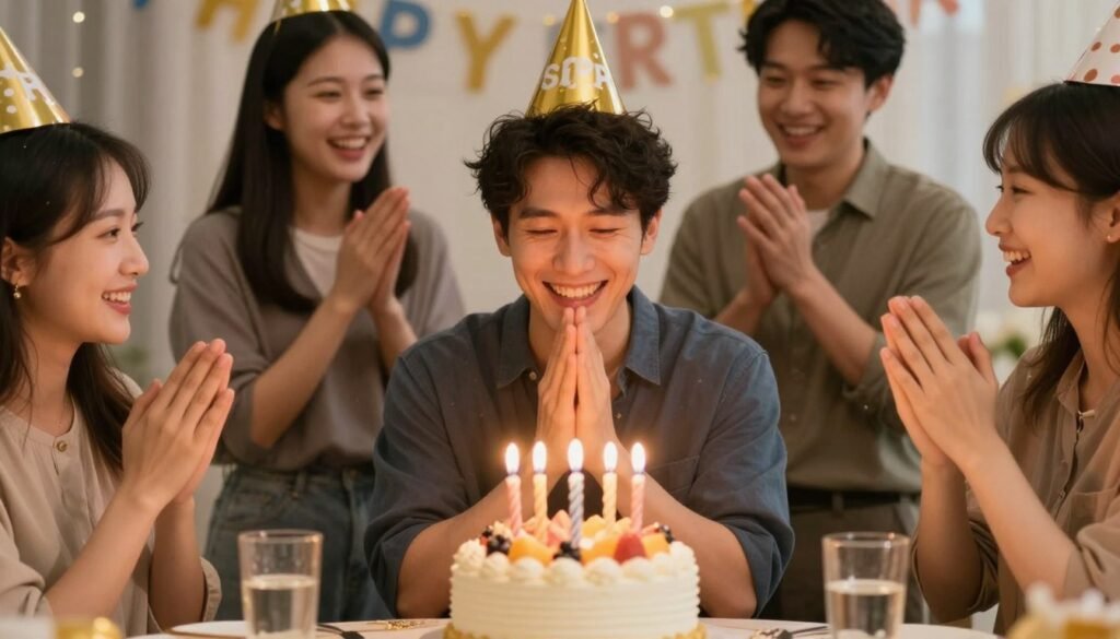 Happy man surrounded by loved ones on his birthday Happy man surrounded by loved ones on his birthday