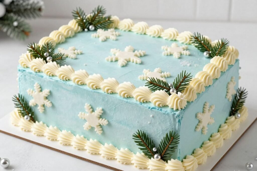 Holiday-themed sheet cake with winter decorations including snowflakes and evergreen elements