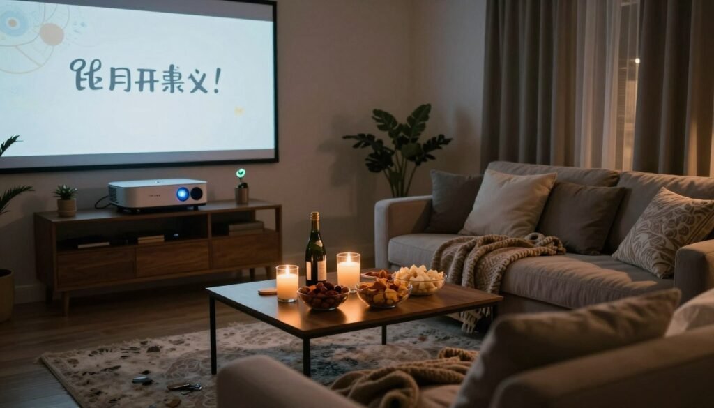 Home movie night setup with projector and comfortable seating