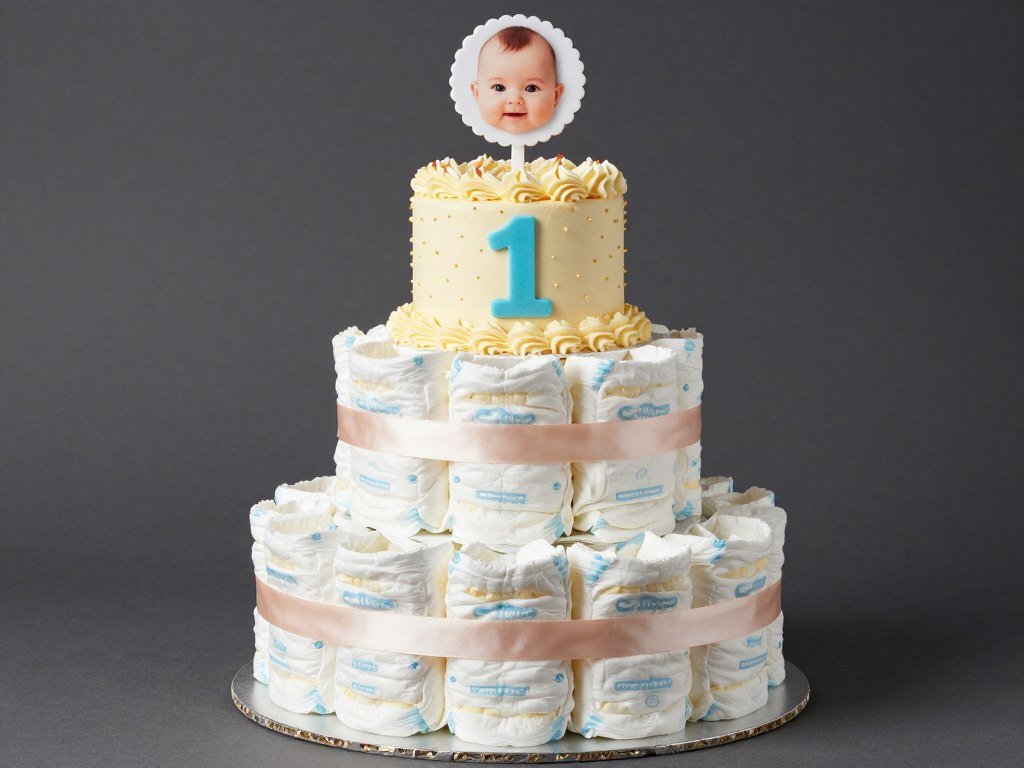 Hybrid diaper cake with small edible cake topper