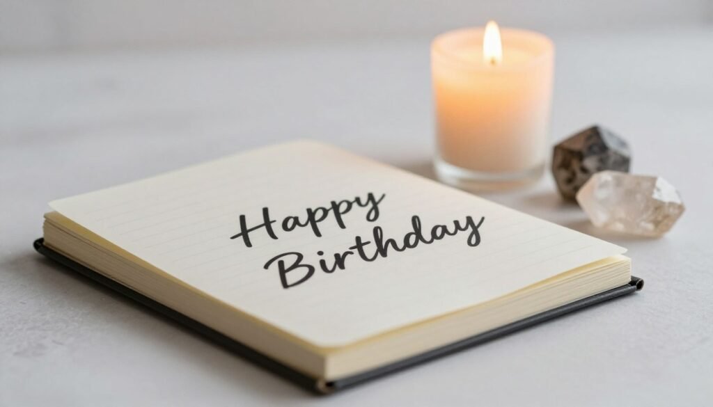 Inspirational birthday setting with journal, candle and motivational elements