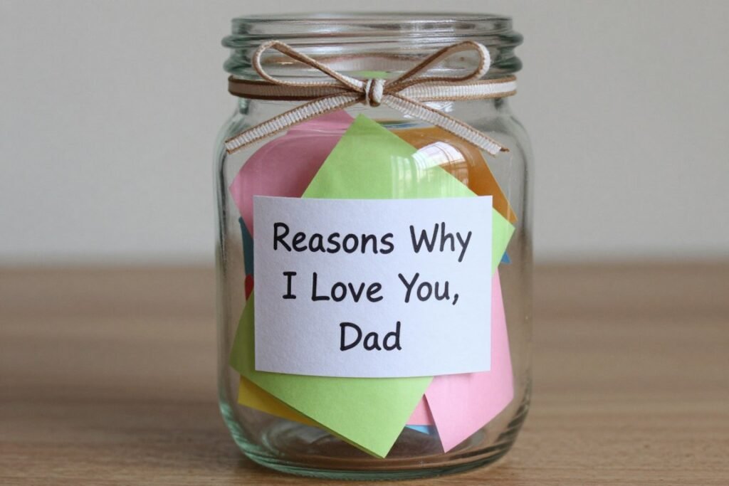 Jar filled with colorful folded notes containing reasons why daughter loves her father