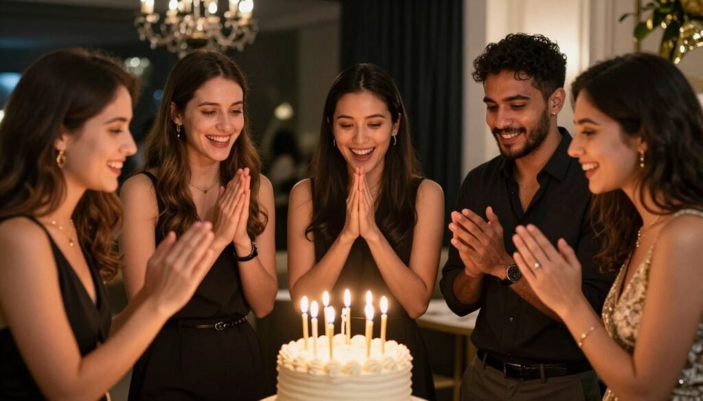 Joyful birthday celebration moment with friends gathered around cake with candles, beautifully styled setting Joyful birthday celebration moment with friends gathered around cake with candles, beautifully styled setting