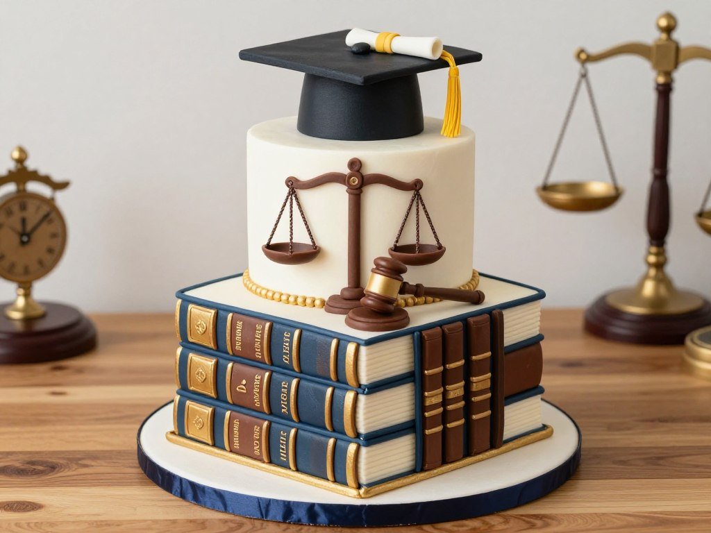 Law school graduation cake with scales of justice and law books