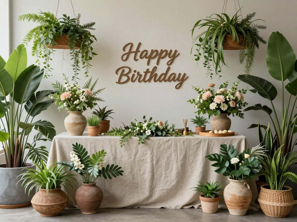 Lush botanical-themed birthday party with greenery, flowers, and natural elements throughout the decor Lush botanical-themed birthday party with greenery, flowers, and natural elements throughout the decor